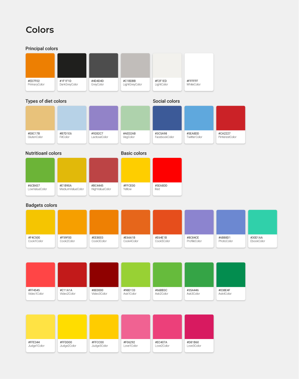 MyCook color system, principal, dietary, social, nutritional, and badge colors
