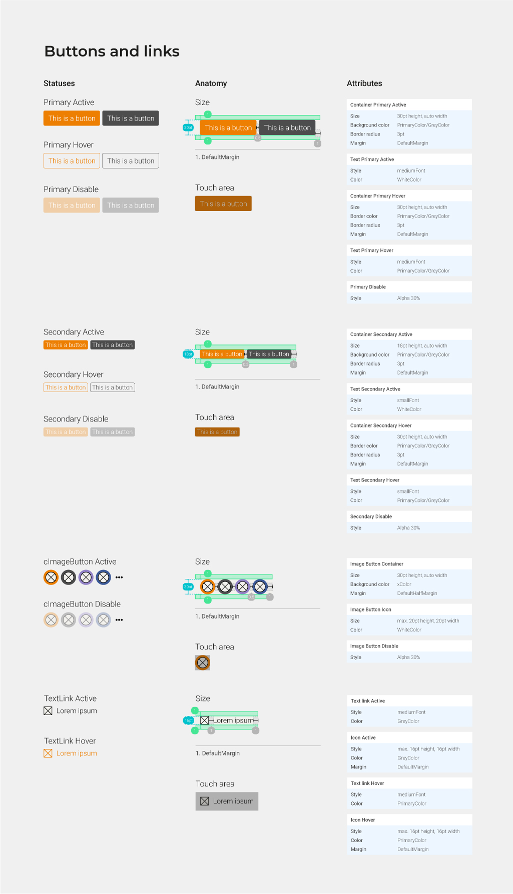 MyCook component library, buttons and links with states and specifications