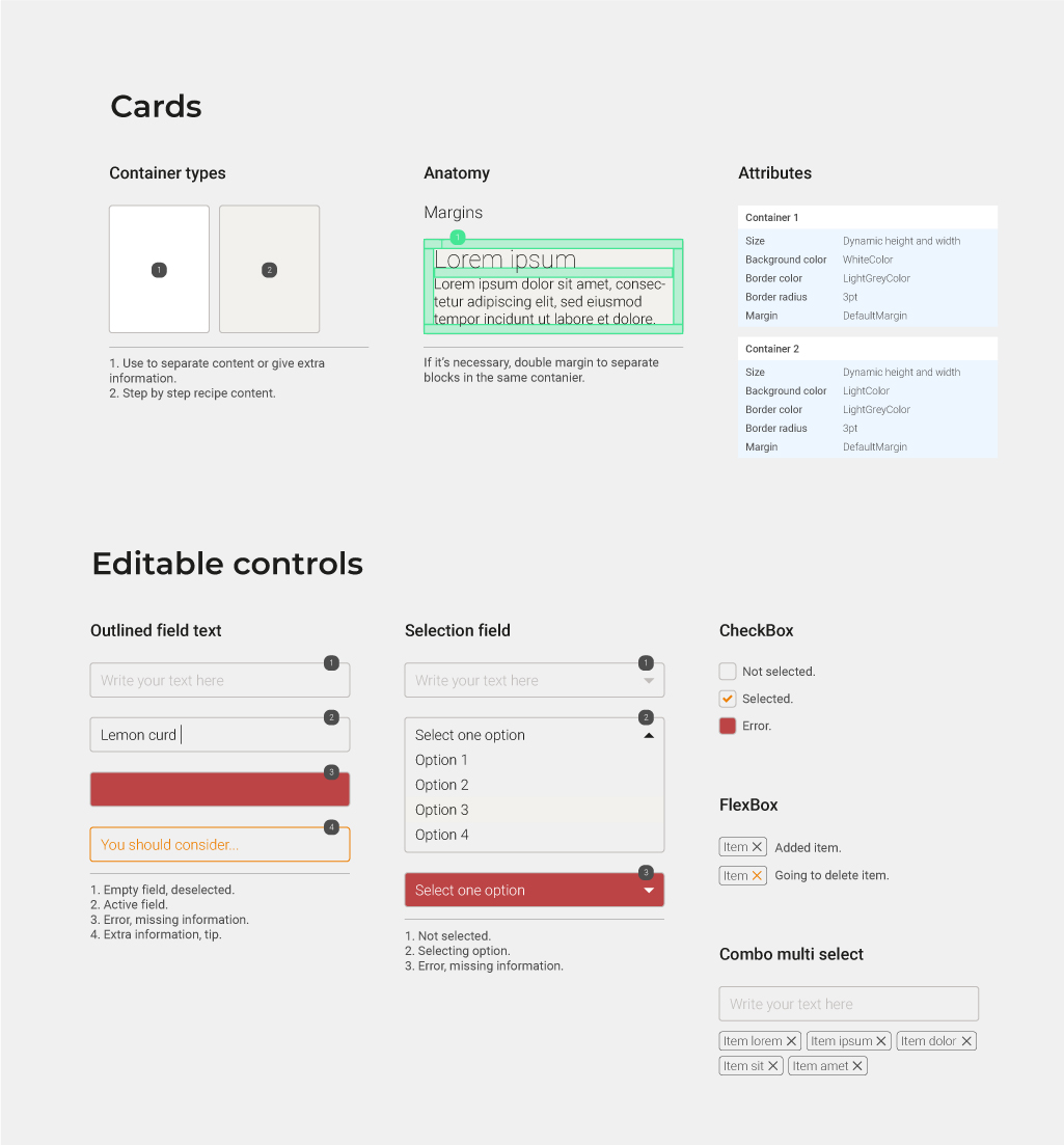 MyCook component library, cards and editable controls