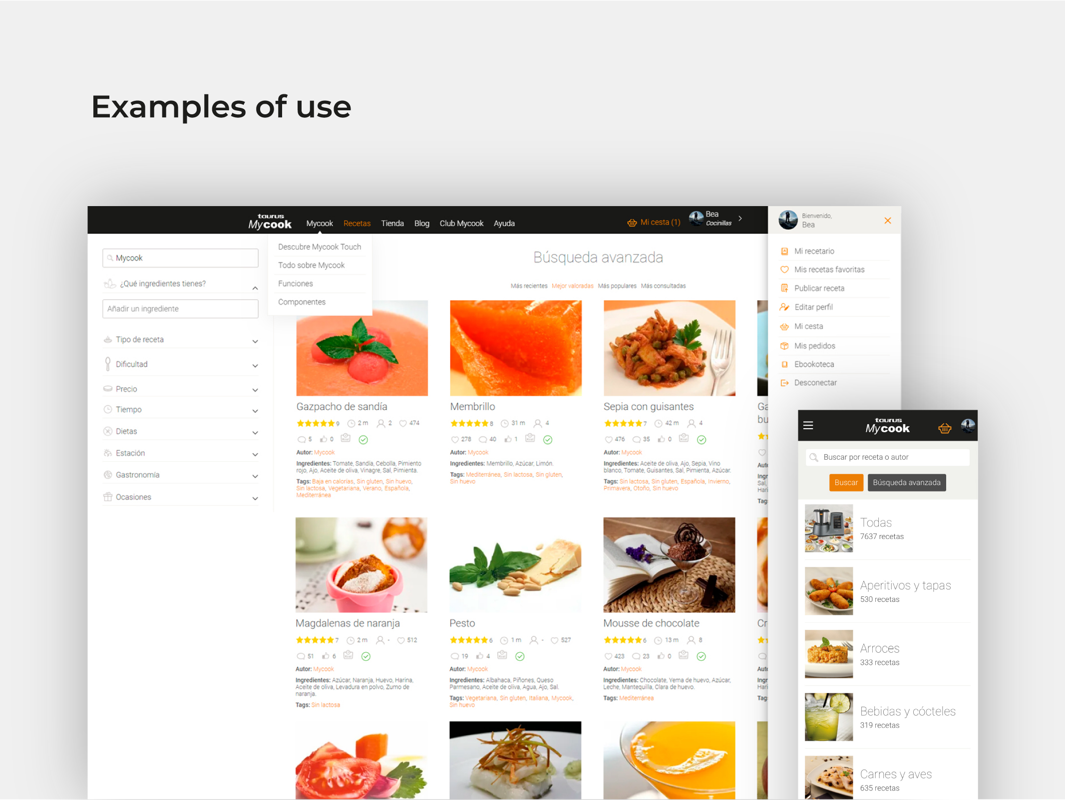 MyCook website, recipe search results on web and mobile app category view