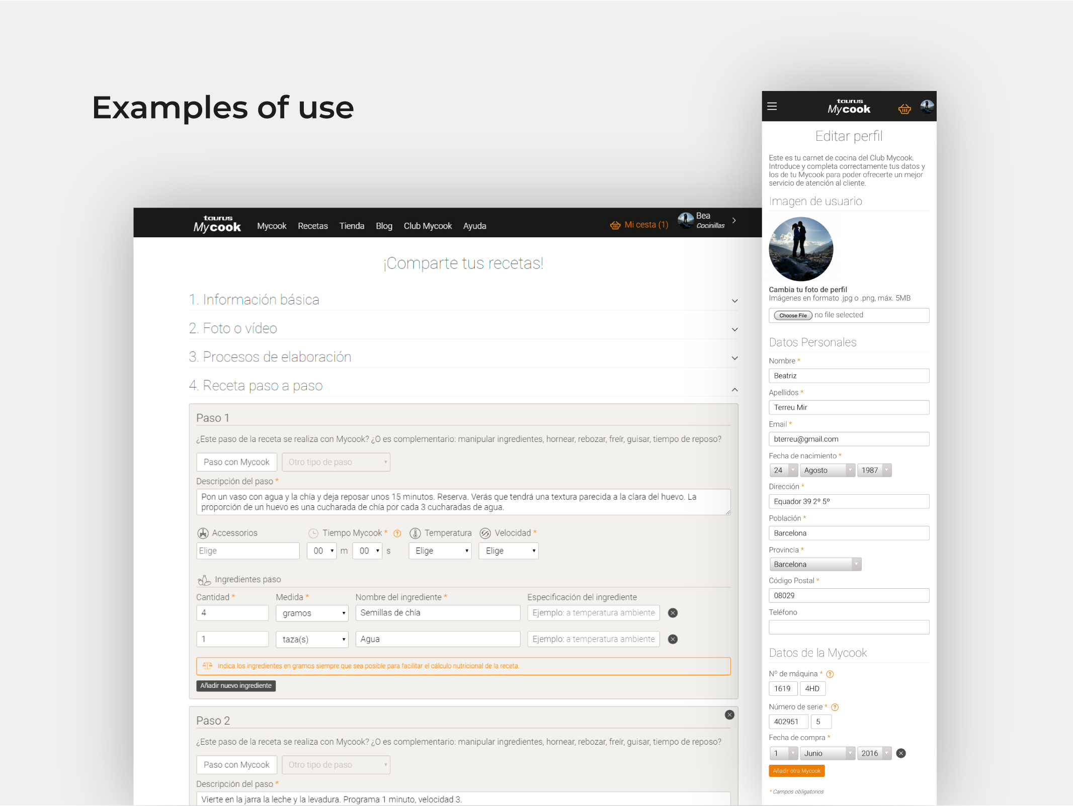 MyCook website, recipe upload form on web and user profile on mobile app