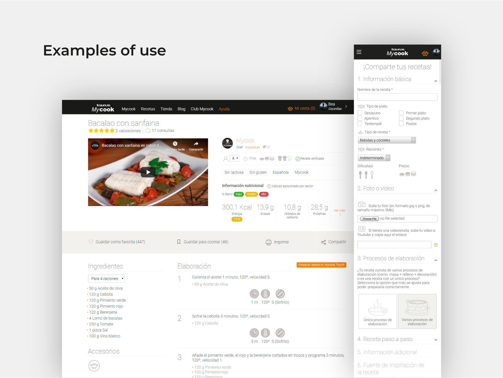 MyCook website, recipe detail page on web and share recipe form on mobile app