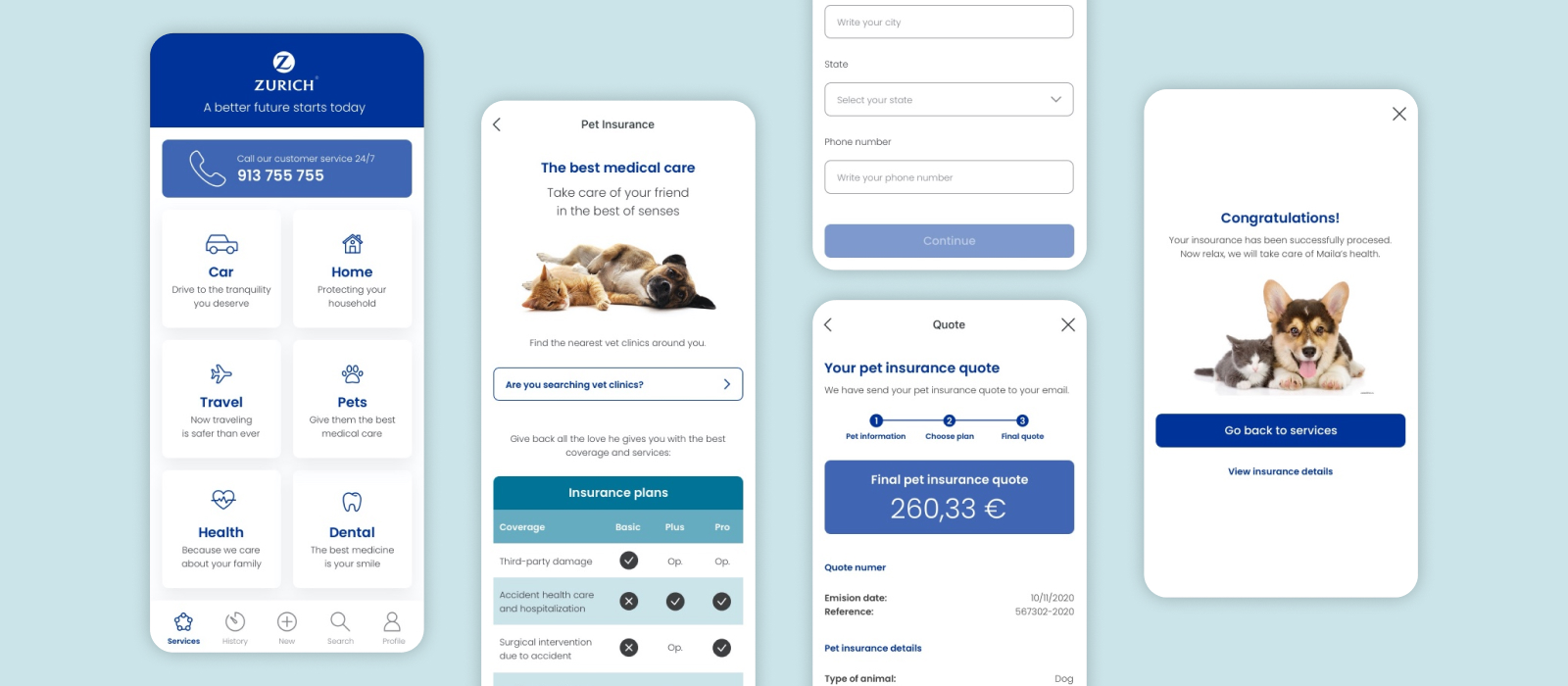 Zurich Insurance app, services home screen on iPhone