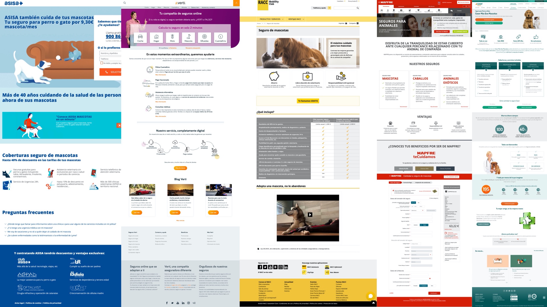 Competitor analysis, pet insurance websites from DOGE+, MAPFRE, AXA, Allianz, Verti, and others
