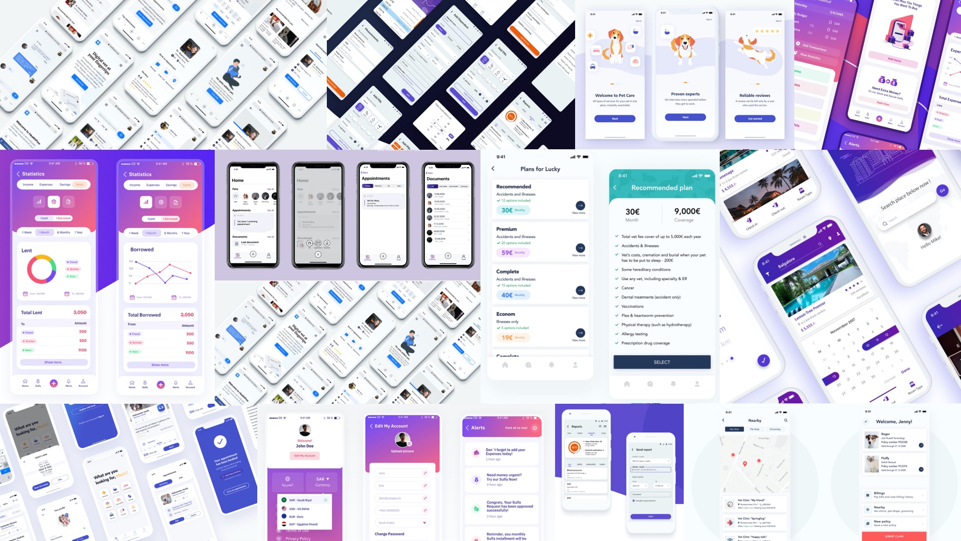 UI inspiration moodboard, fintech, health, and insurance apps showing modern mobile patterns