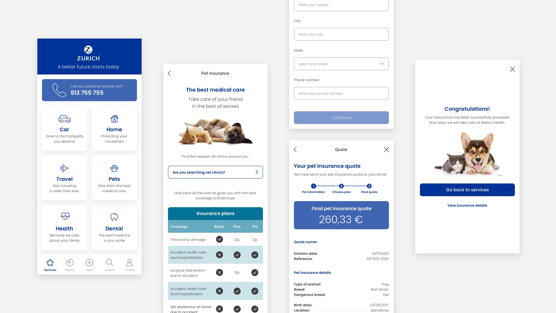 High-fidelity screens, Zurich app home, pet insurance plans, quote, and confirmation screens